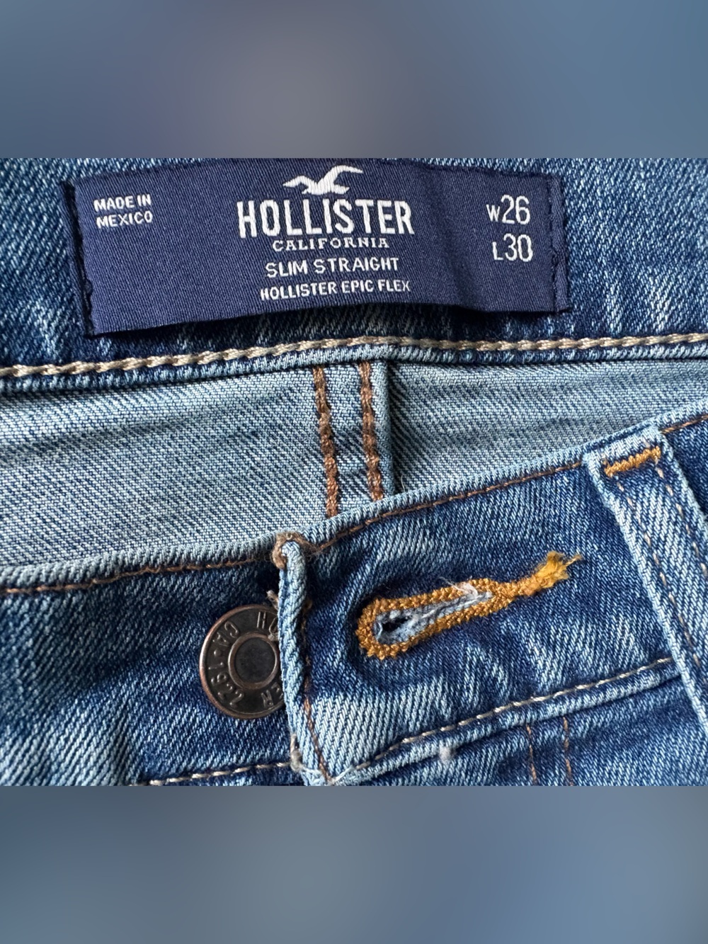 Hollister Slim Straight Men’s Jeans — Medium Blue Wash with Contrast Stitching